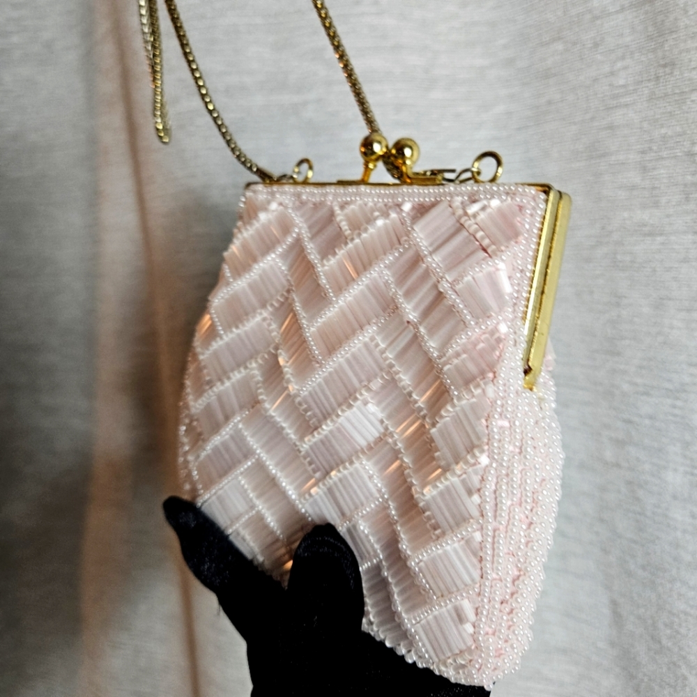 Vintage Pink Small Cocktail Purse with Silver Chain-link Strap
